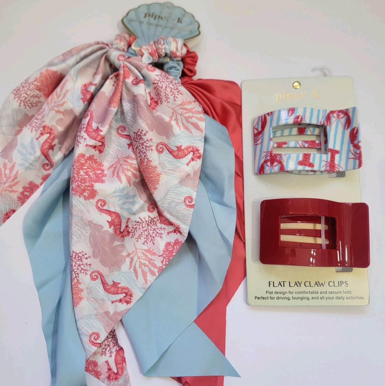Piper K Coastal Seahorse Scarf Scrunchie & Lobster Flat Hair Clip Nautical Beach