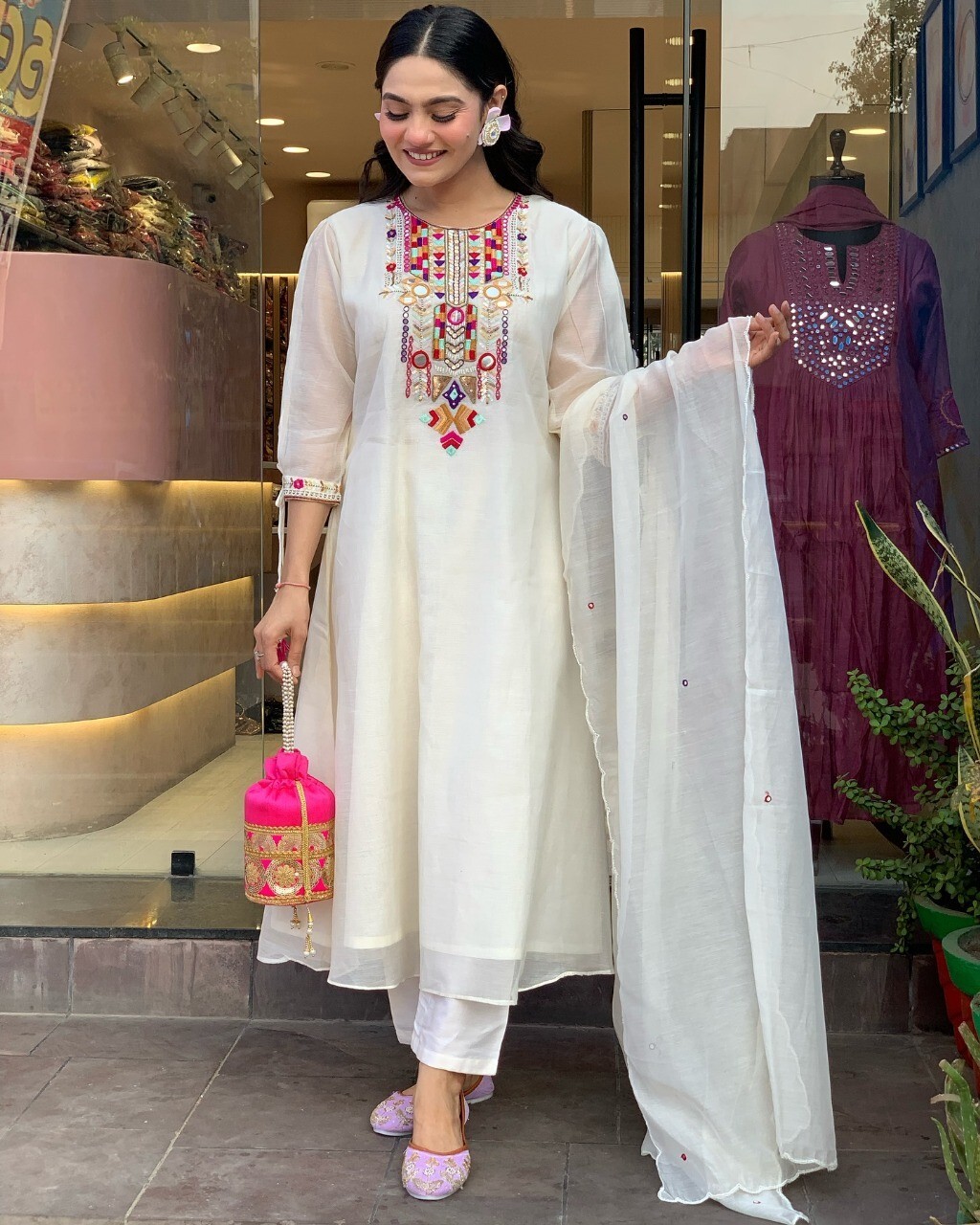Indian Women Chanderi Silk Anarkali Kurta Pant Dupatta Set Kurti Salwar Kameez