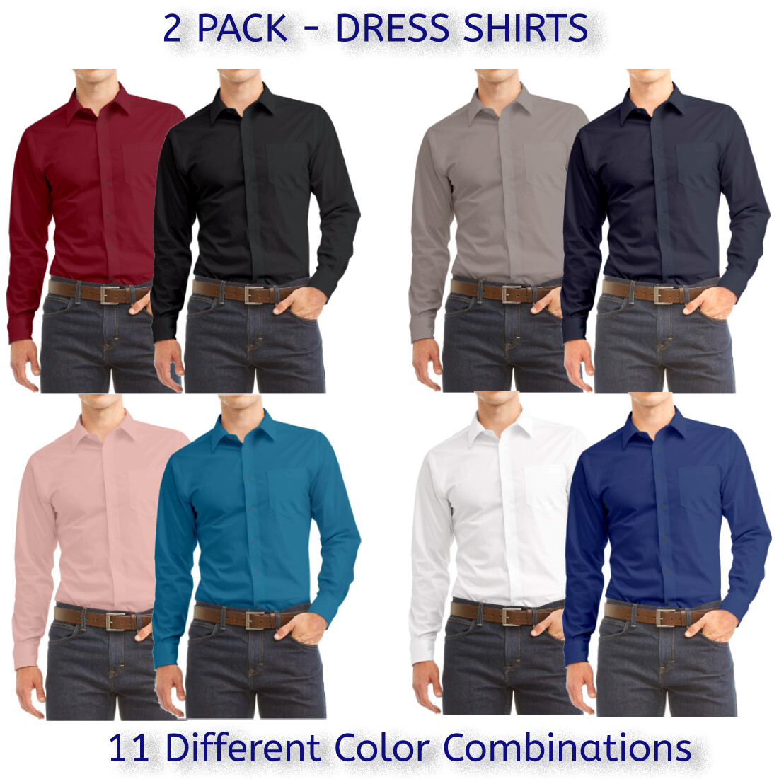2 Pack Men’s Berlioni Regular Fit Long Sleeve Cotton Button Up Solid Dress Shirt