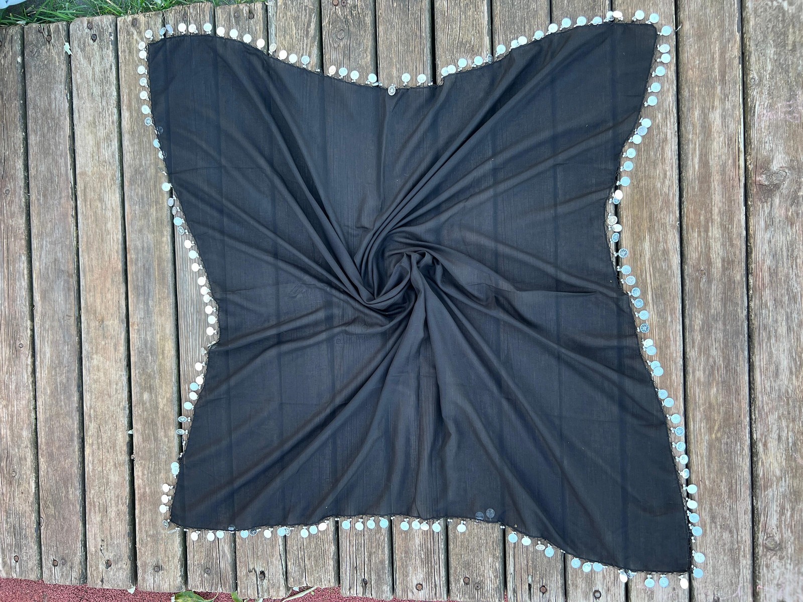 Hand Knitted Black Scarf Crochet Shawl with Silver Charms Handmade Unique
