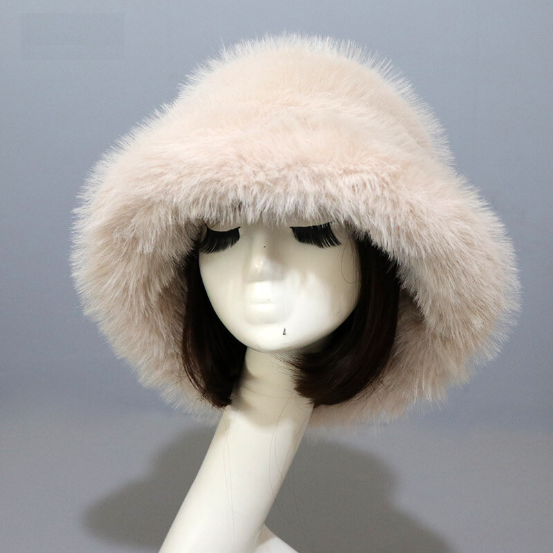 Women’s Fuzzy Bucket Hat Winter Fluffy Furry Plush Faux Fur Hats Fisherman Cap