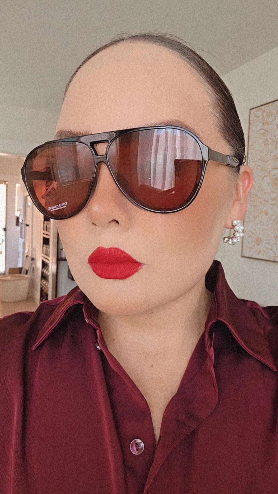 Vince Camuto Women’s Aviator Sunglasses Black Plastic Frame Red Tinted Lens
