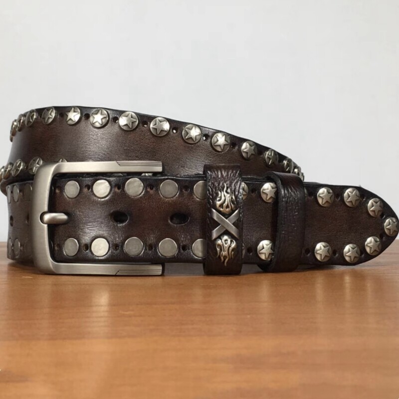 Real Leather Waist Belt Heavy Metal Rivet Studded Unisex Punk Rock Biker Belt