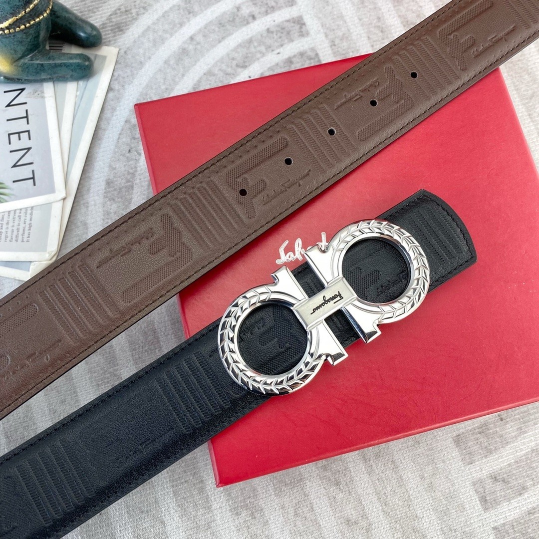 Ferragamo Handcrafted Leather Belt Reversible width 3.8cm/1.5inch Silver Buckle