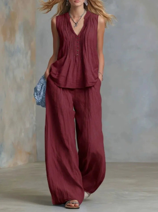 Womens 2 Piece Outfit V Neck Sleeveless Top Wide Leg Pants Casual Lounge Set