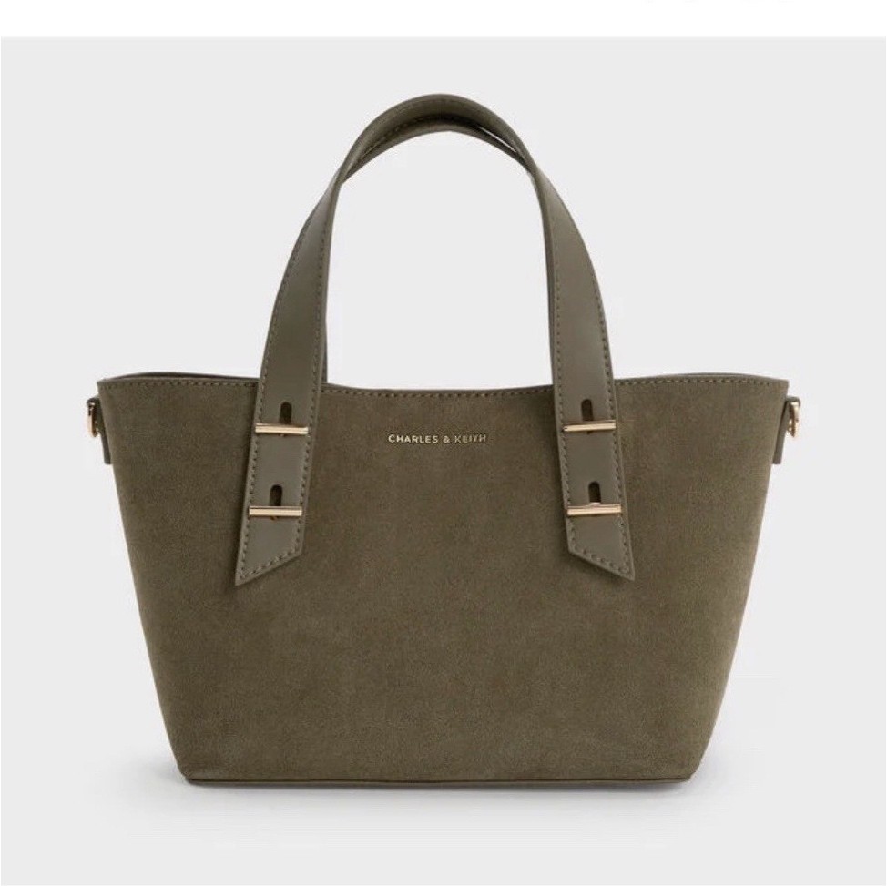 CHARLES & KEITH Women’s Deep Olive Mini Tote Bag Gold Hardware Detachable Strap