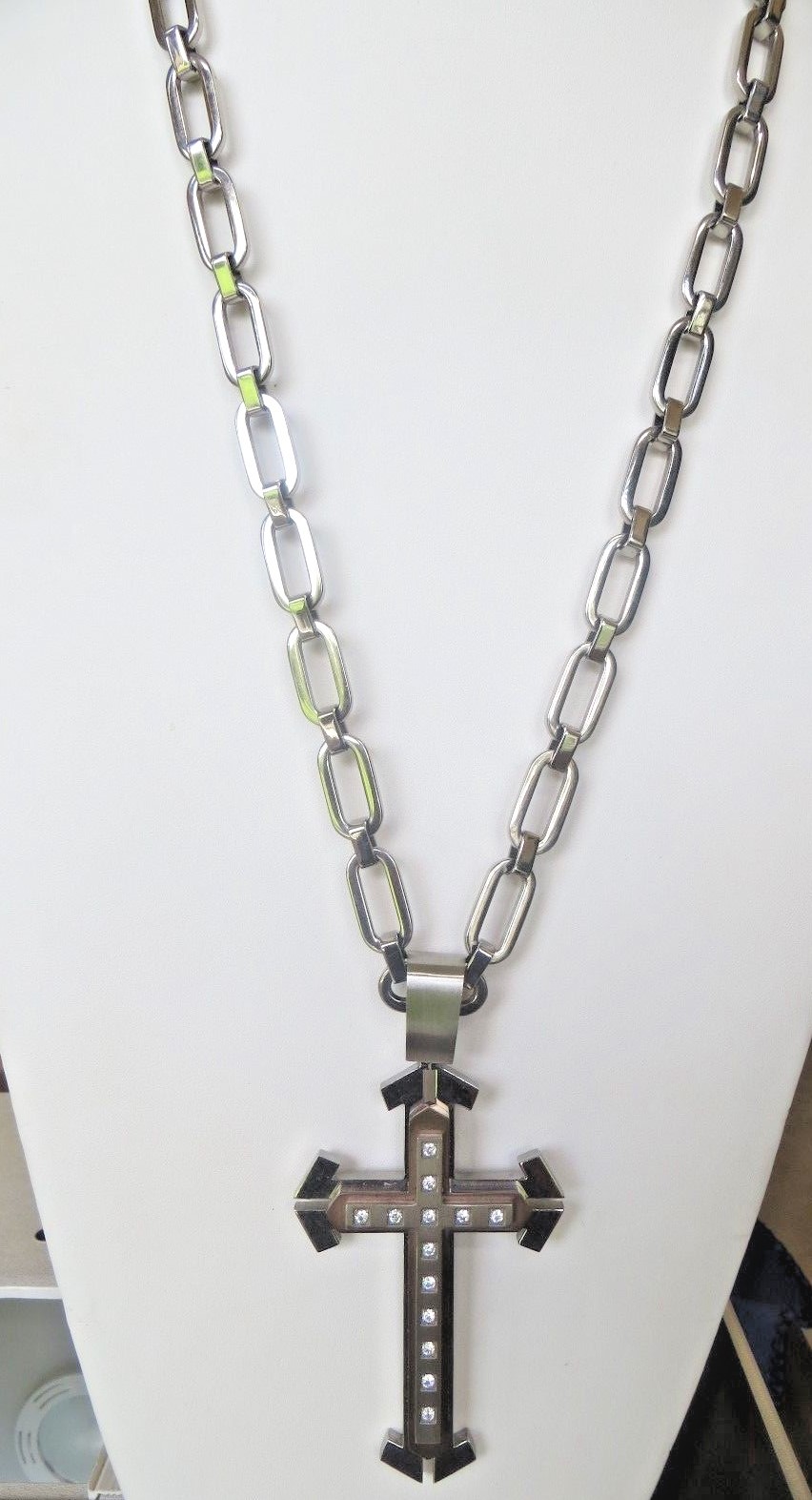 Large Heavy Cross Two Tone CZ Stones & 28 Inch Chain