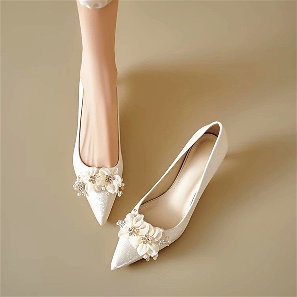 Women’s Flower Pearl Pointed Toe Stiletto Heel Pumps Slip On Wedding Bride Shoes