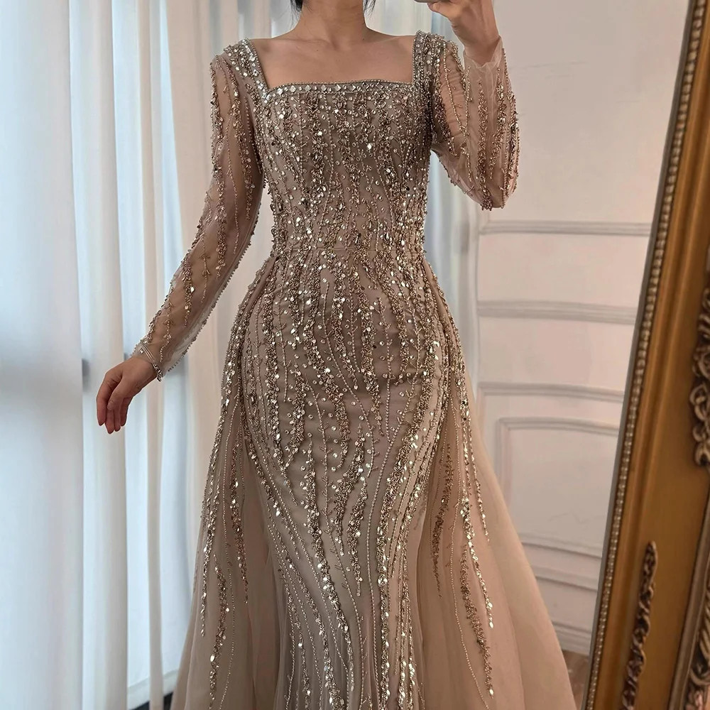 Arabian Caramel Beaded Mermaid Evening Gown with Luxury Formal Dress –