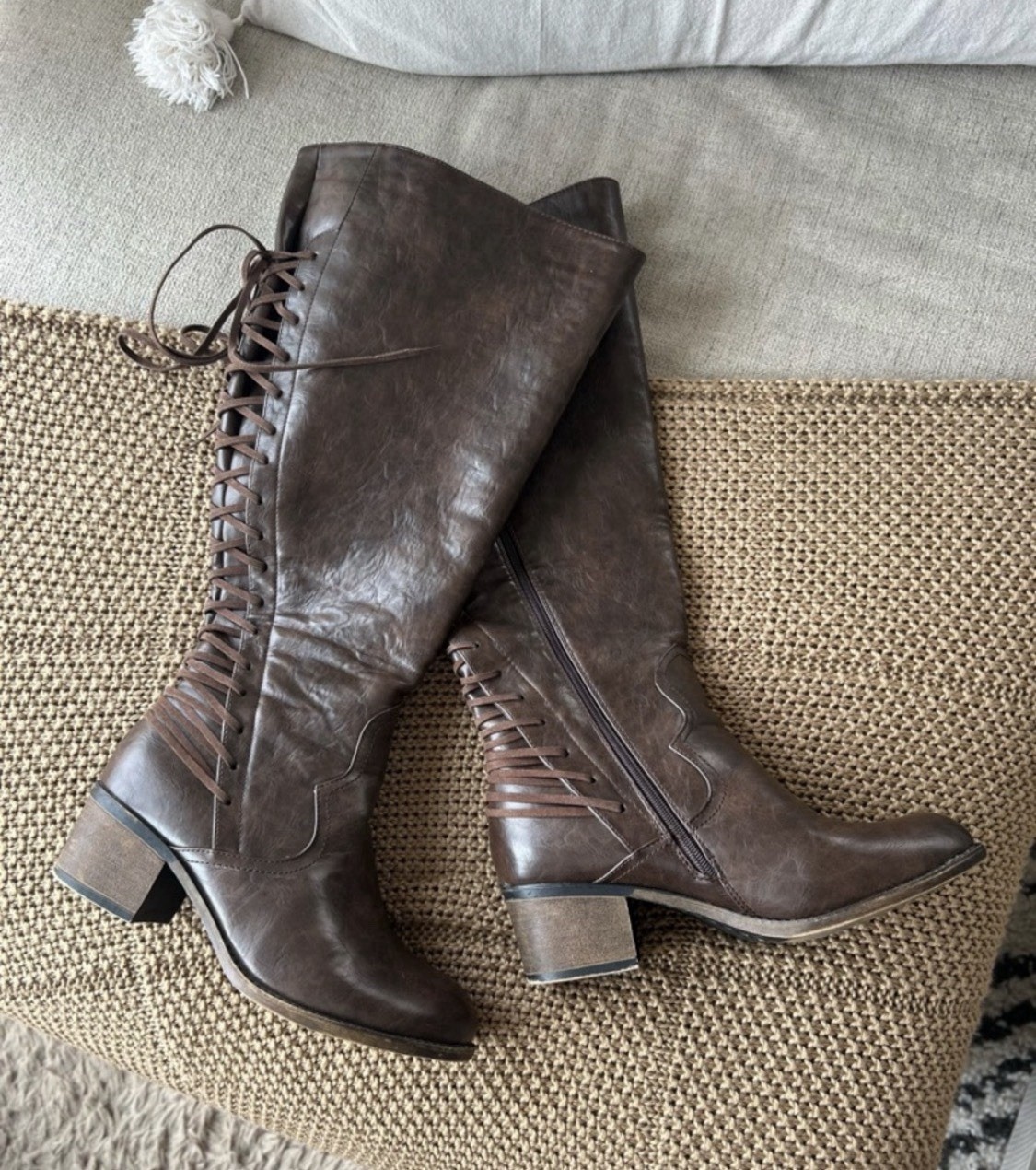 Brown Over-the-Knee Lace-Up Boots | Block Heel | Size 11 Wide