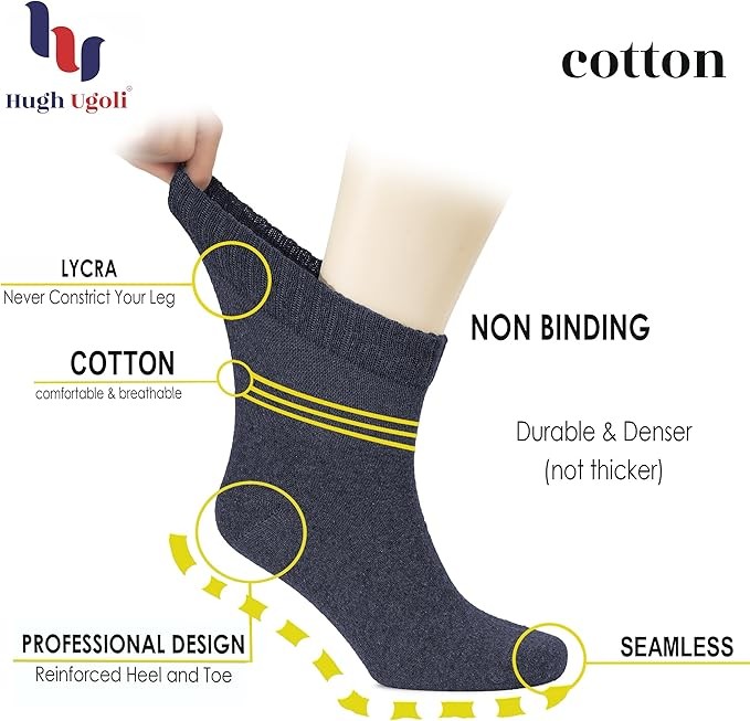 Hugh Ugoli Cotton Diabetic Men’s Socks, Ankle, Loose, Wide Stretchy, 4 Pairs