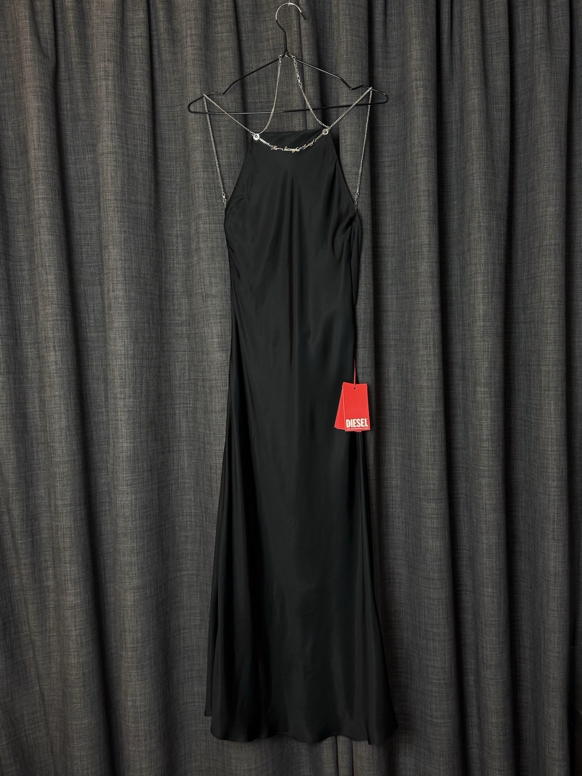 RRP£455! Diesel Black Slip Satin midi dress with Necklace / XS – UK 6 / BNWT