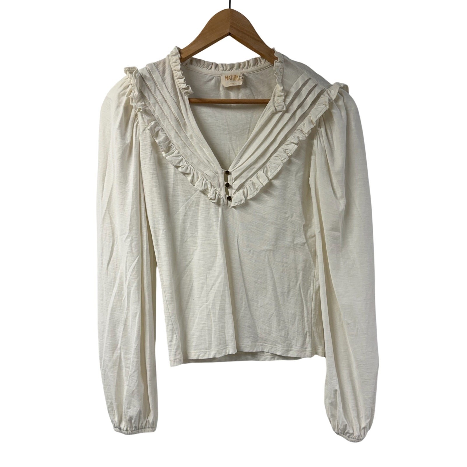 Nation Los Angeles White Ruffle Trim PuffSleeve Top XS Anthropologie Peru Cotton