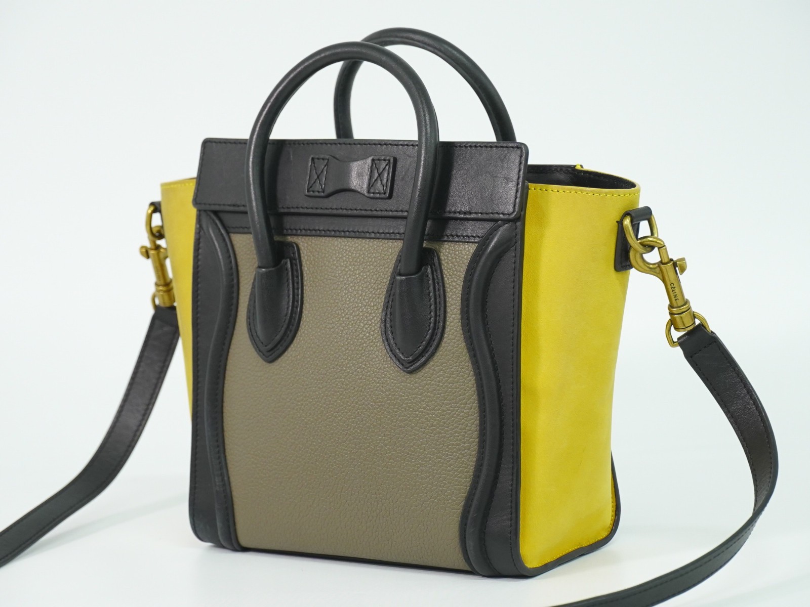 CELINE Luggage Nano Leather 2way Shoulder Handbag Greige Yellow Black
