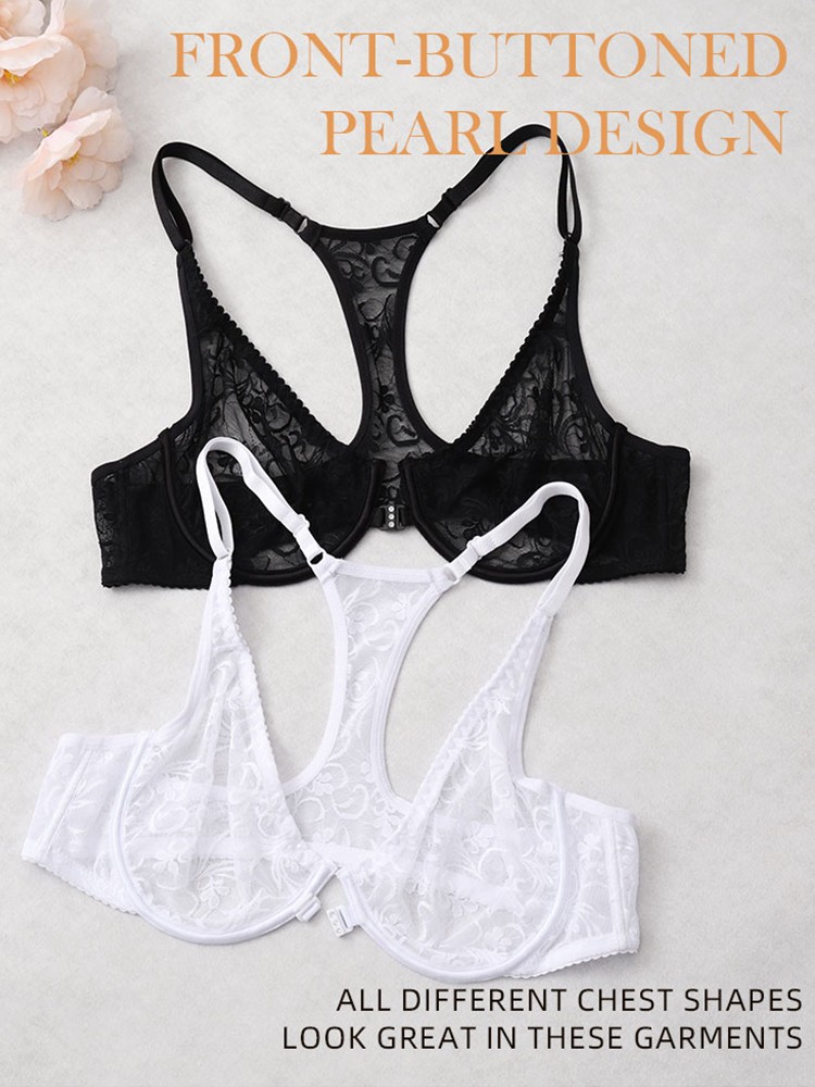 Ultra-thin Bra Front-fastened Lace Racer Back Underwire Brassiere Sissy Lingerie