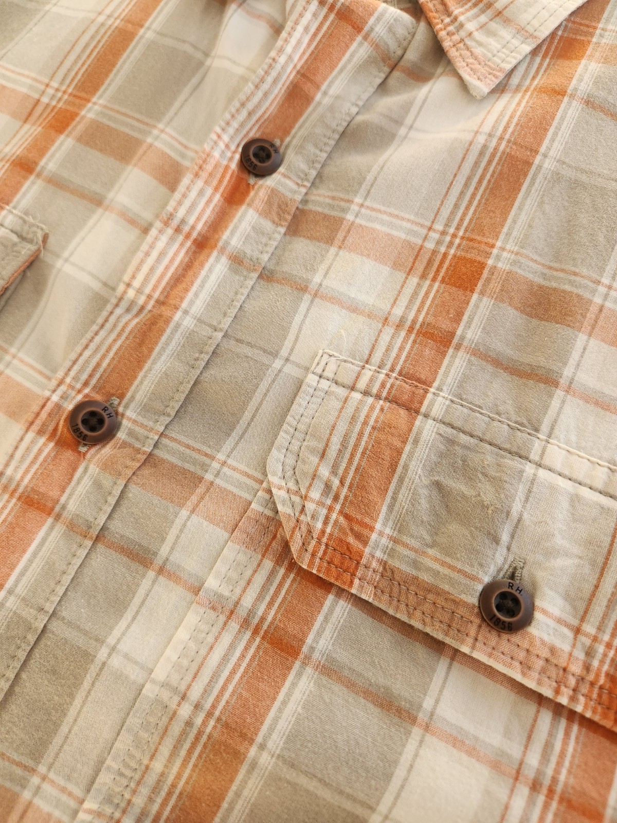 RedHead Men M Orange Beige Plaid Cotton Woven Short Sleeve Button-Up Pocket #043
