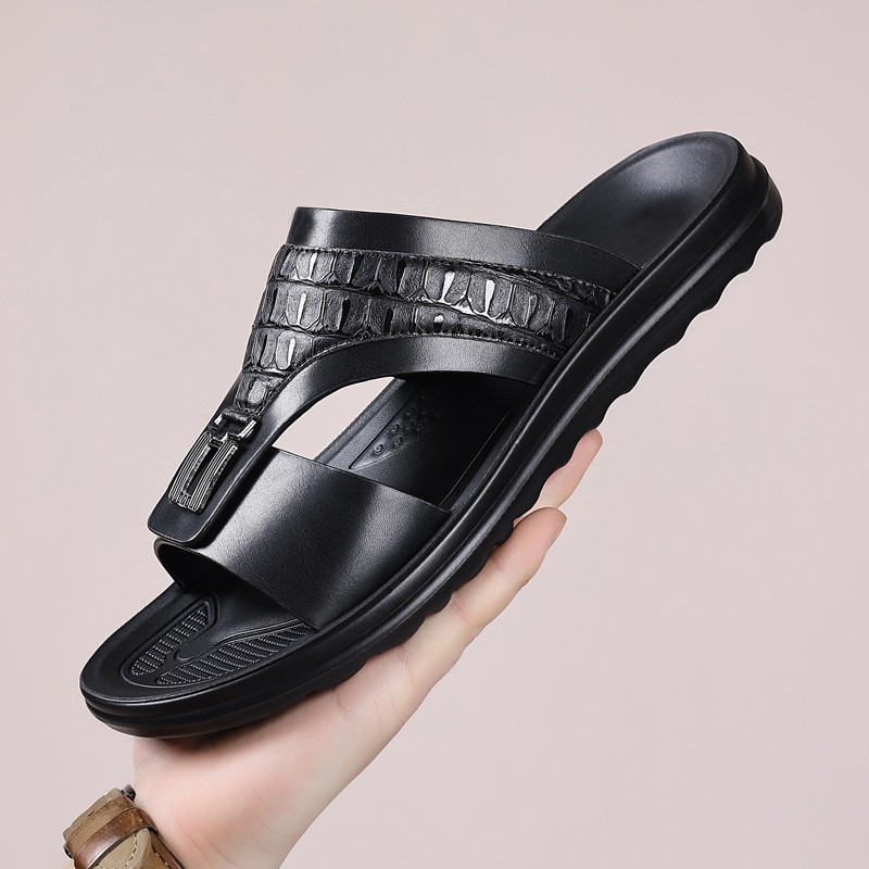Men’s Croc-Embossed Slide Sandals, PU Leather, Comfort Non-Slip Rubber Sole