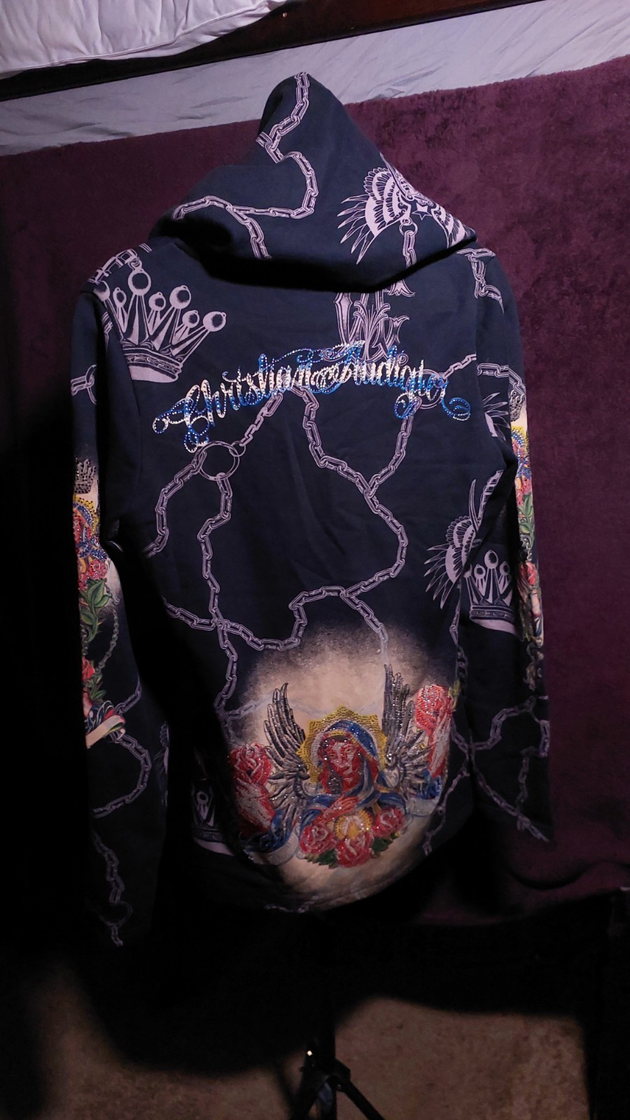 Christian Audigier Men’s Black Full Zip Hooded Satin Hoodie w/ Pockets Logo M