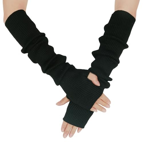 Warm Cashmere Long Arm Gloves for Women Cozy Winter Fingerless Gloves Black