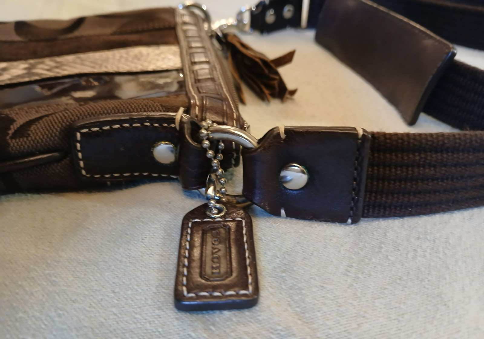 Coach, Hamptons Signature Stripe Python Crossbody, Brown, Excellent Condition
