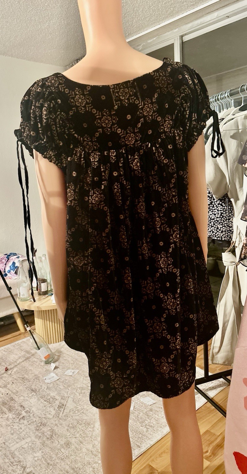 Black Beige Floral Square Neck Tie Short Sleeve Pullover Blouse Size S