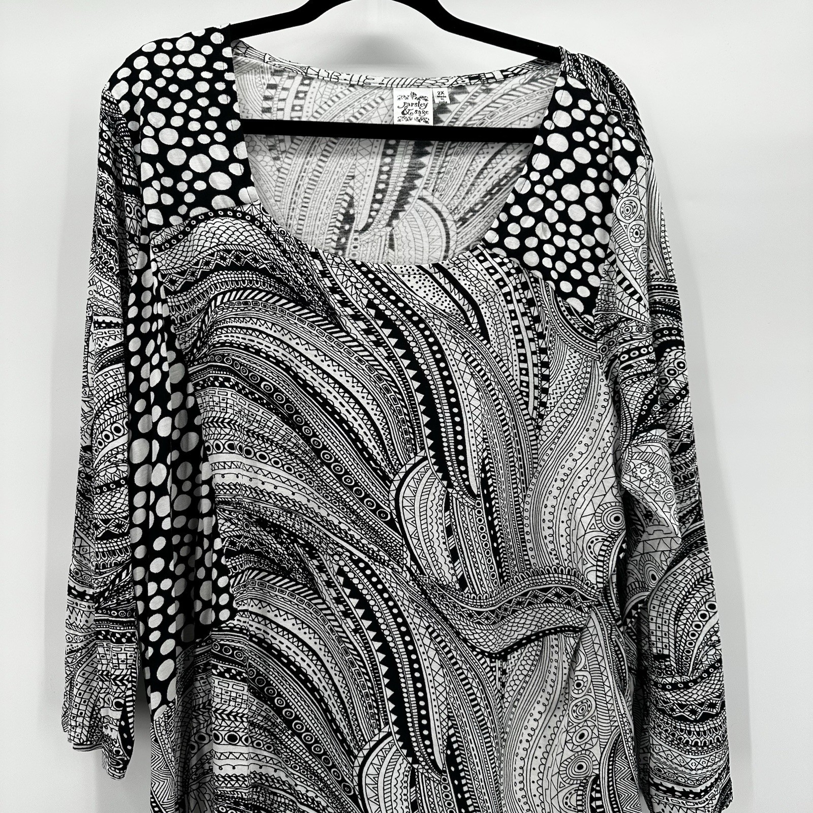 Parsley Sage Shirt Top Womens 2X Black White Tunic Art to Wear Stretch