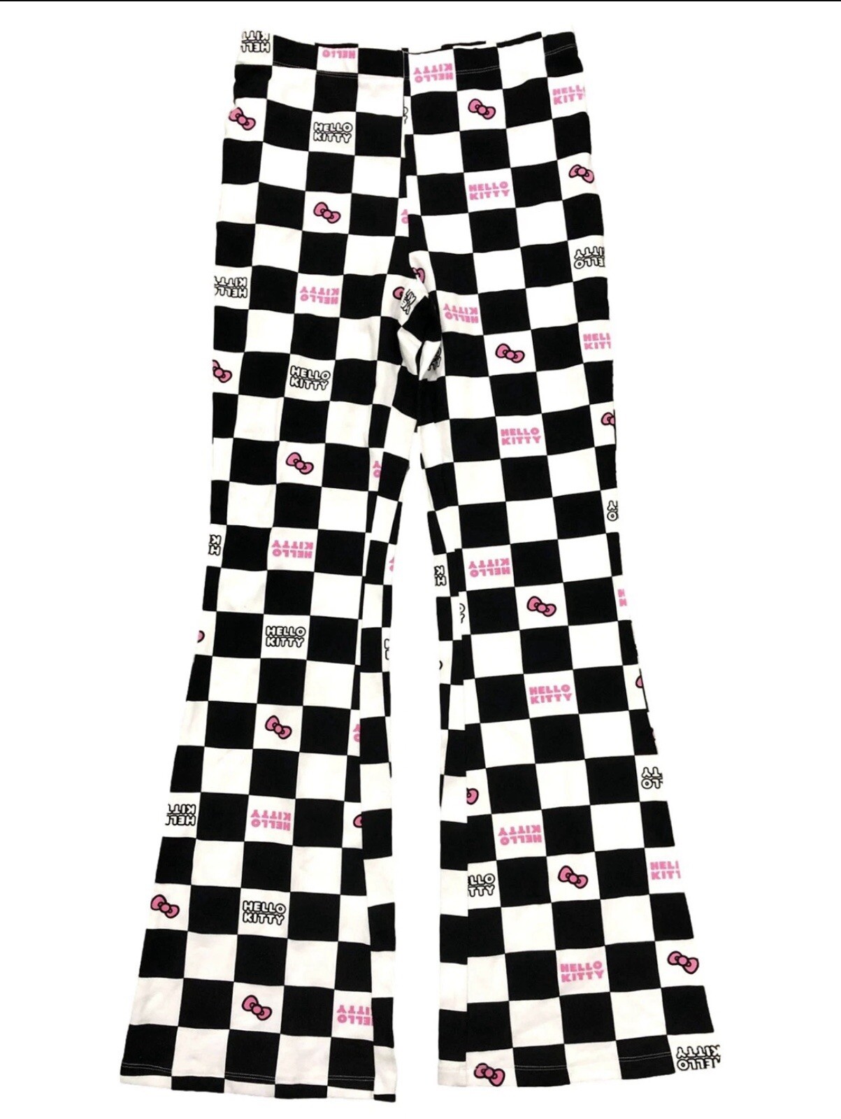 Hello Kitty Womens Sz S Black & White Checkered Wide Leg Flare Leggings /Pants