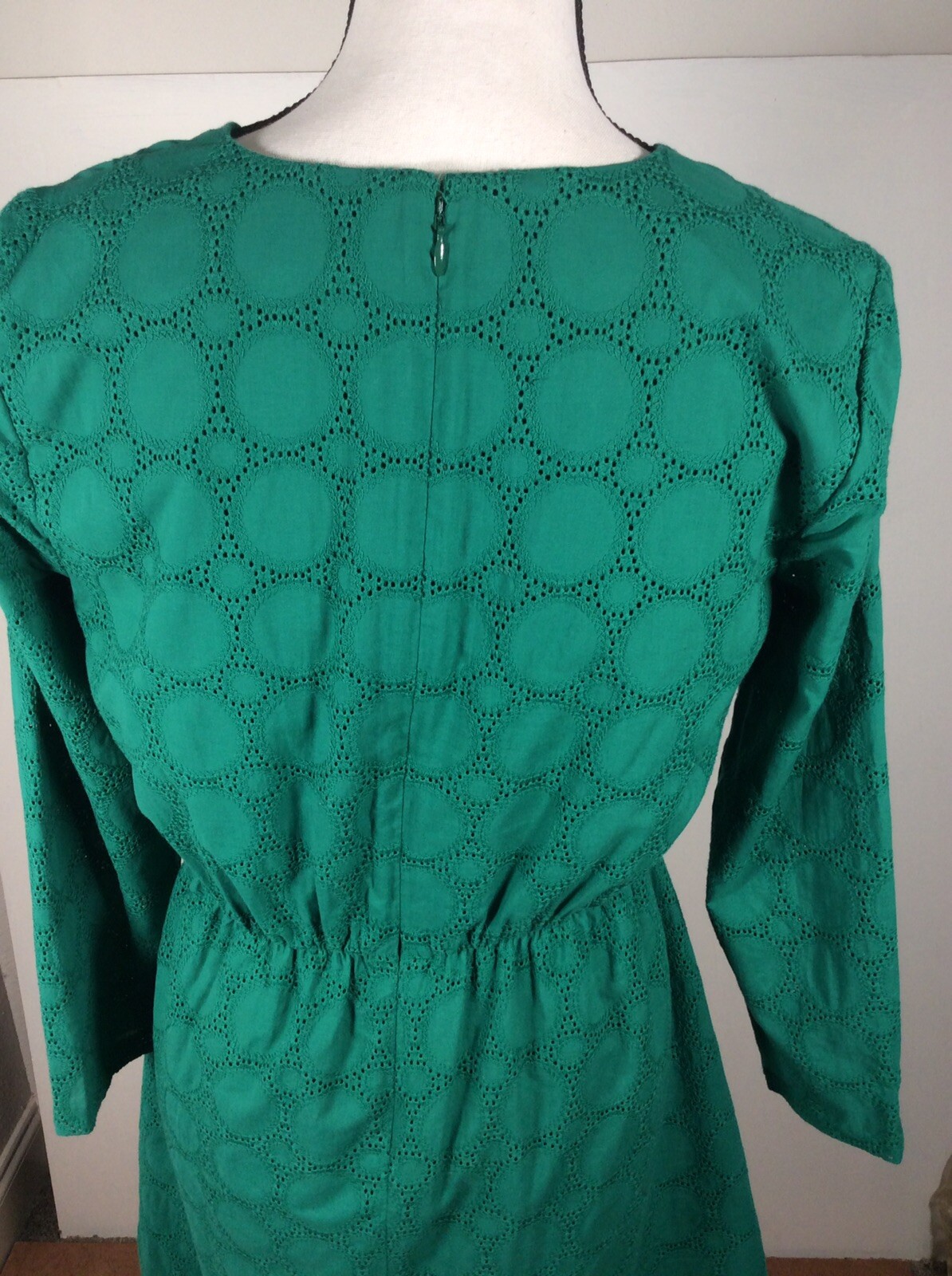 J Crew Dress Women 4 Green EYELET Long Sleeve Preppy Old Money Back Zip Lined
