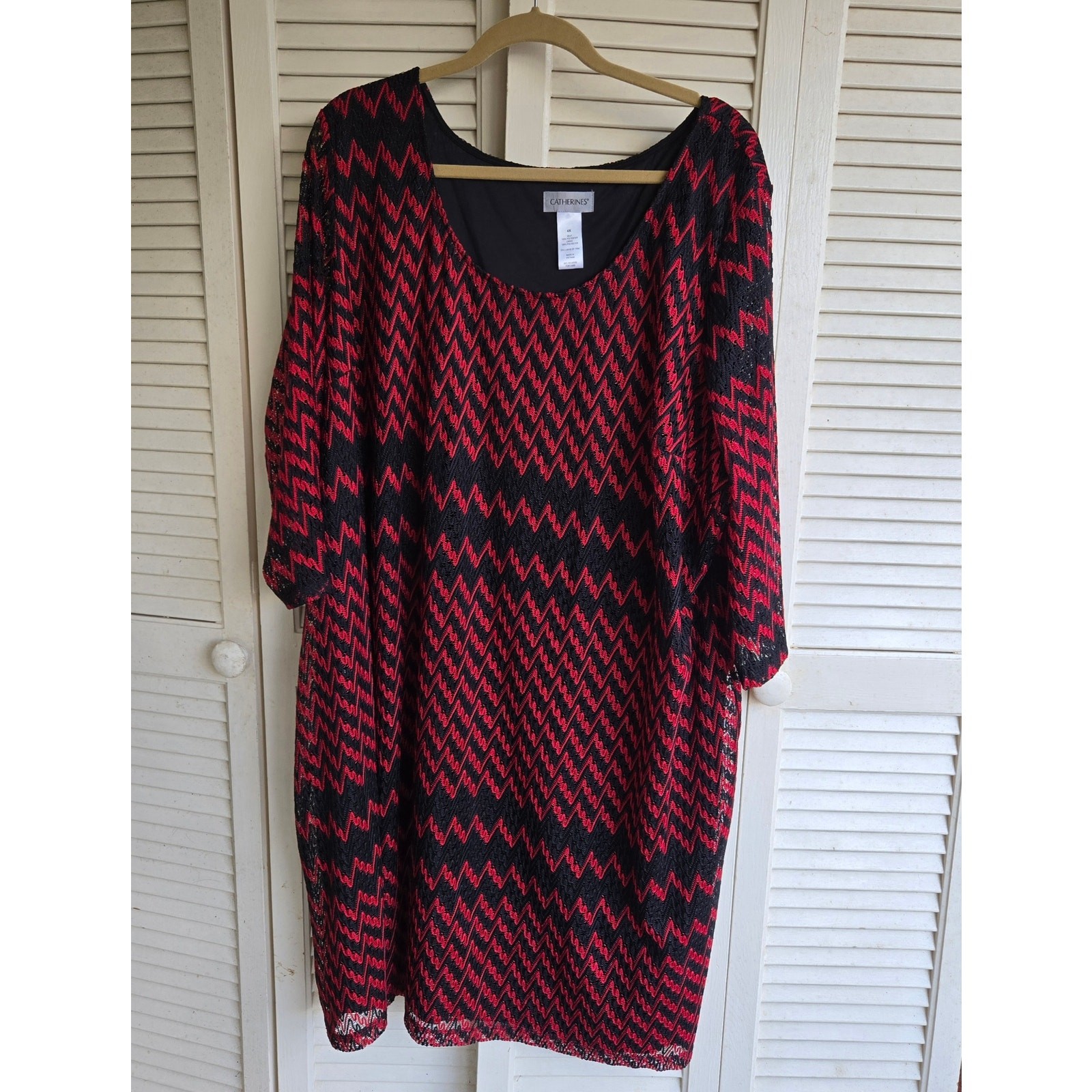 Catherines Dress Red Black Chevron 4X Fully Lined Except 3/4 Sleeves