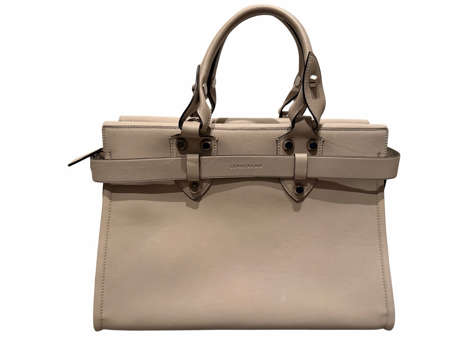 Longchamp Beige Satchel Top Handle Zip Bag w/ Detachable Adjustable Strap