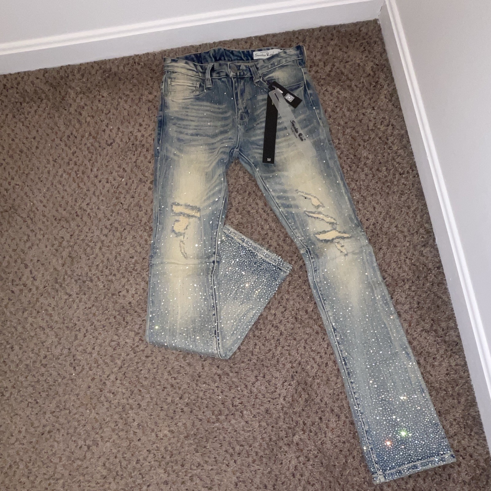 Smoke Rise Men’s Light Wash Blue Rhinestone Logo Stacked Flare Jeans