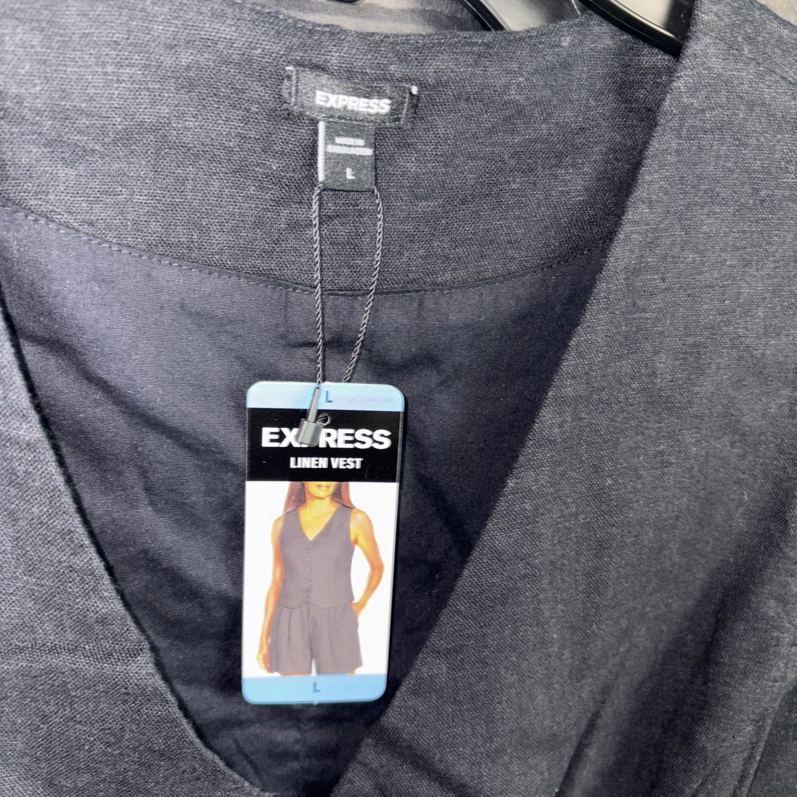 Express Linen Vest Womens Size L Black Button Front V-Neck Classic Look NWT