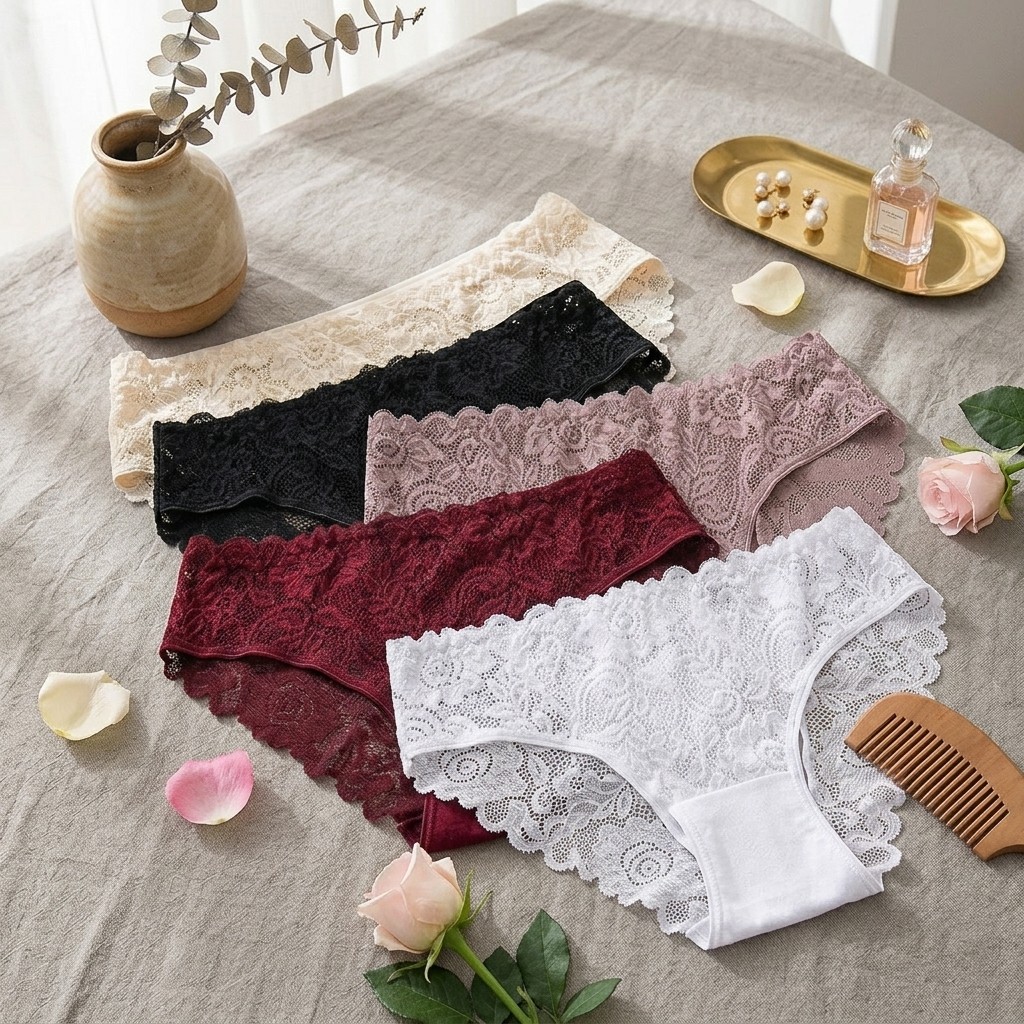 5Pcs Lace Trim Hollow Cotton Underwear Set, Breathable Soft Low Waist Panties