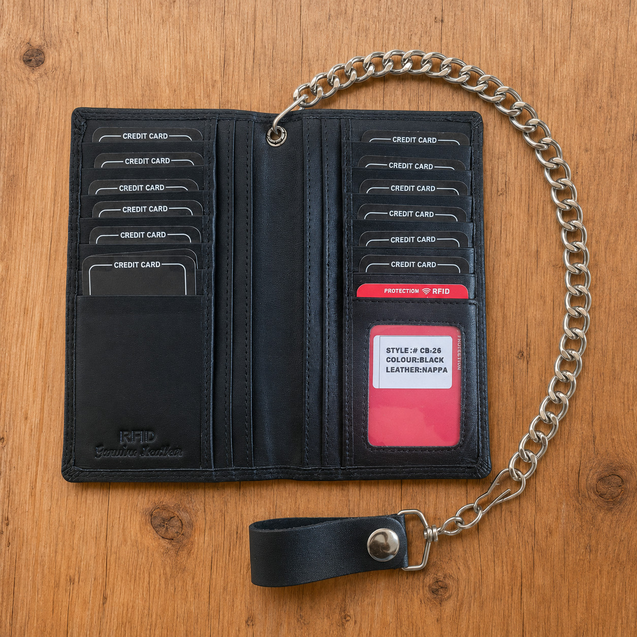 Ride To Live Genuine Leather Biker Long Wallet With Chain Black BiFold 7″ Wallet