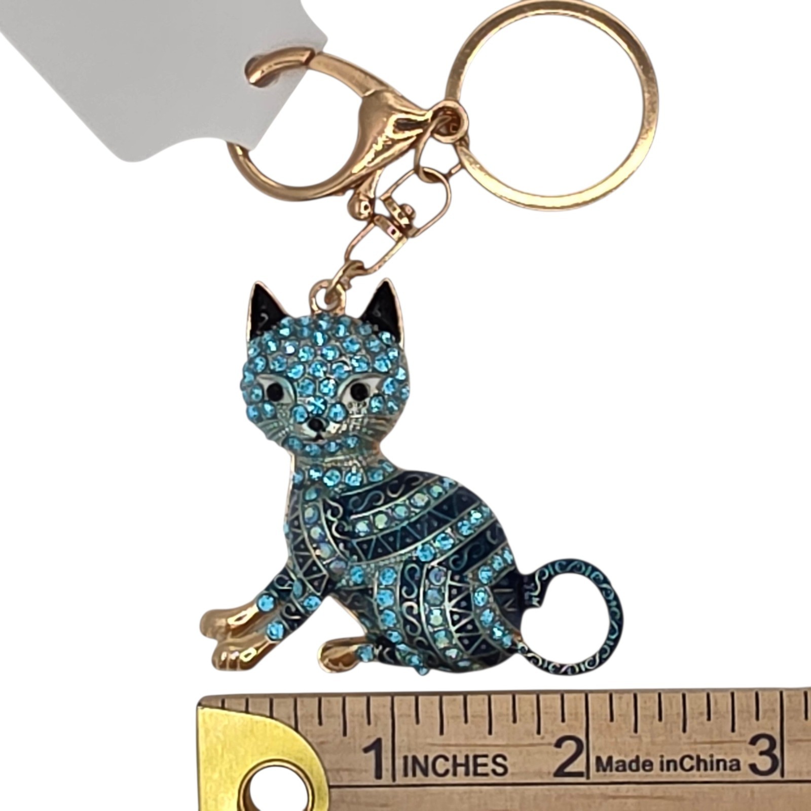 Fashion Jewelry Rhinestone Cat Key Chain Keyring Bag Charm Gold Tone Blue 2 in