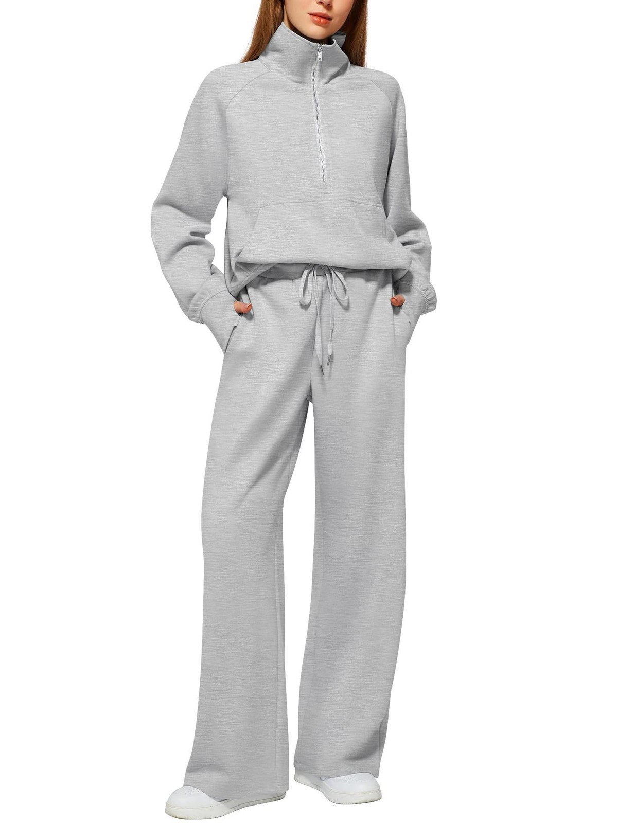 Woman Solid Color Half Zip Long Sleeve Sweatshirt And Wide Leg Pants Set Casual