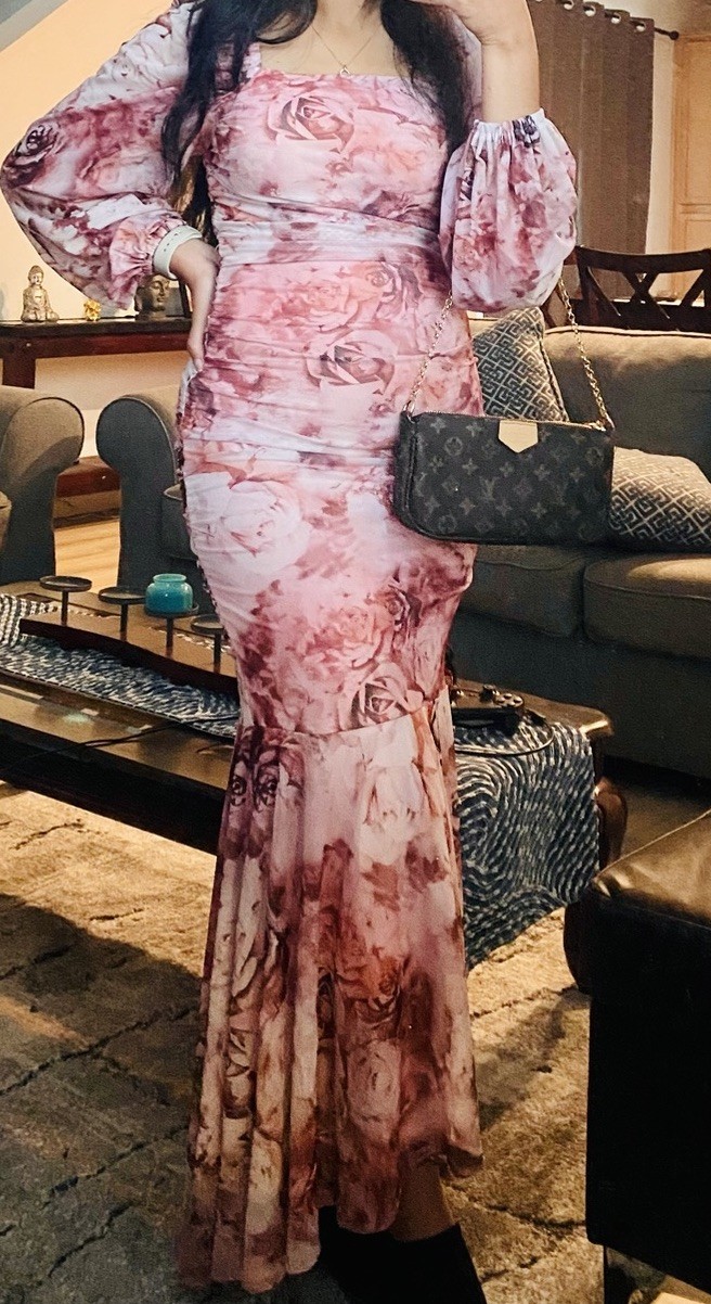 Pink Floral Ruched Square Neck Puff Long Sleeve Mermaid Maxi Dress Small