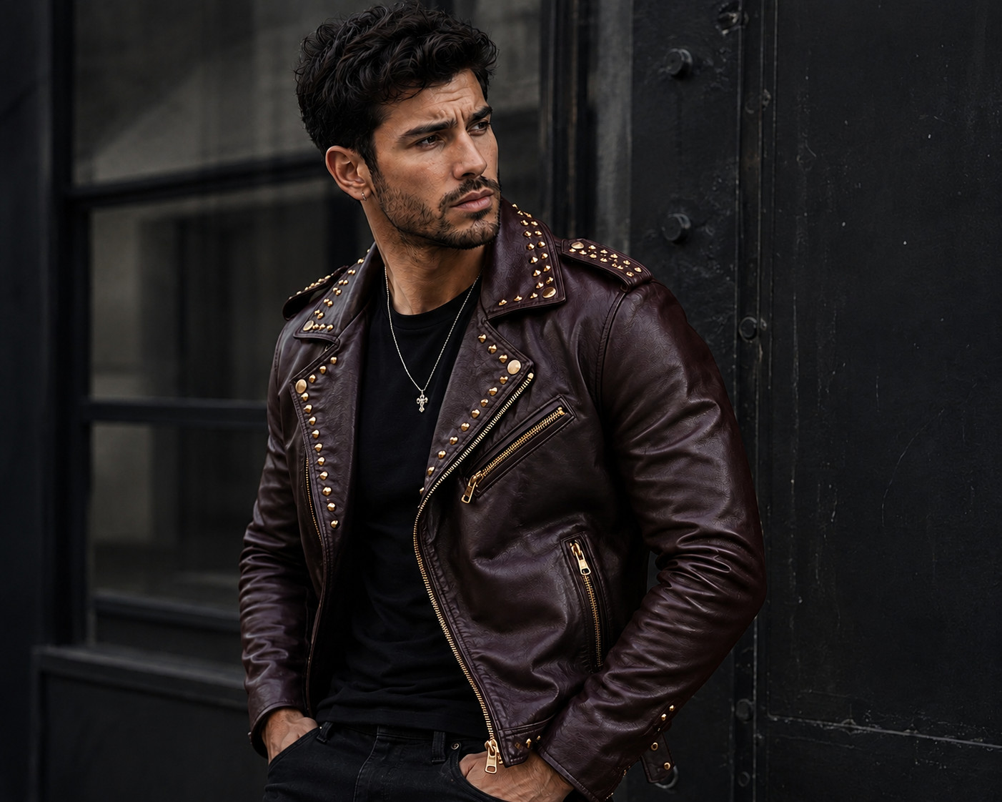 Men’s Brown Studded Leather Biker Jacket – Moto Slim Fit – Punk Rock Zip Up Coat