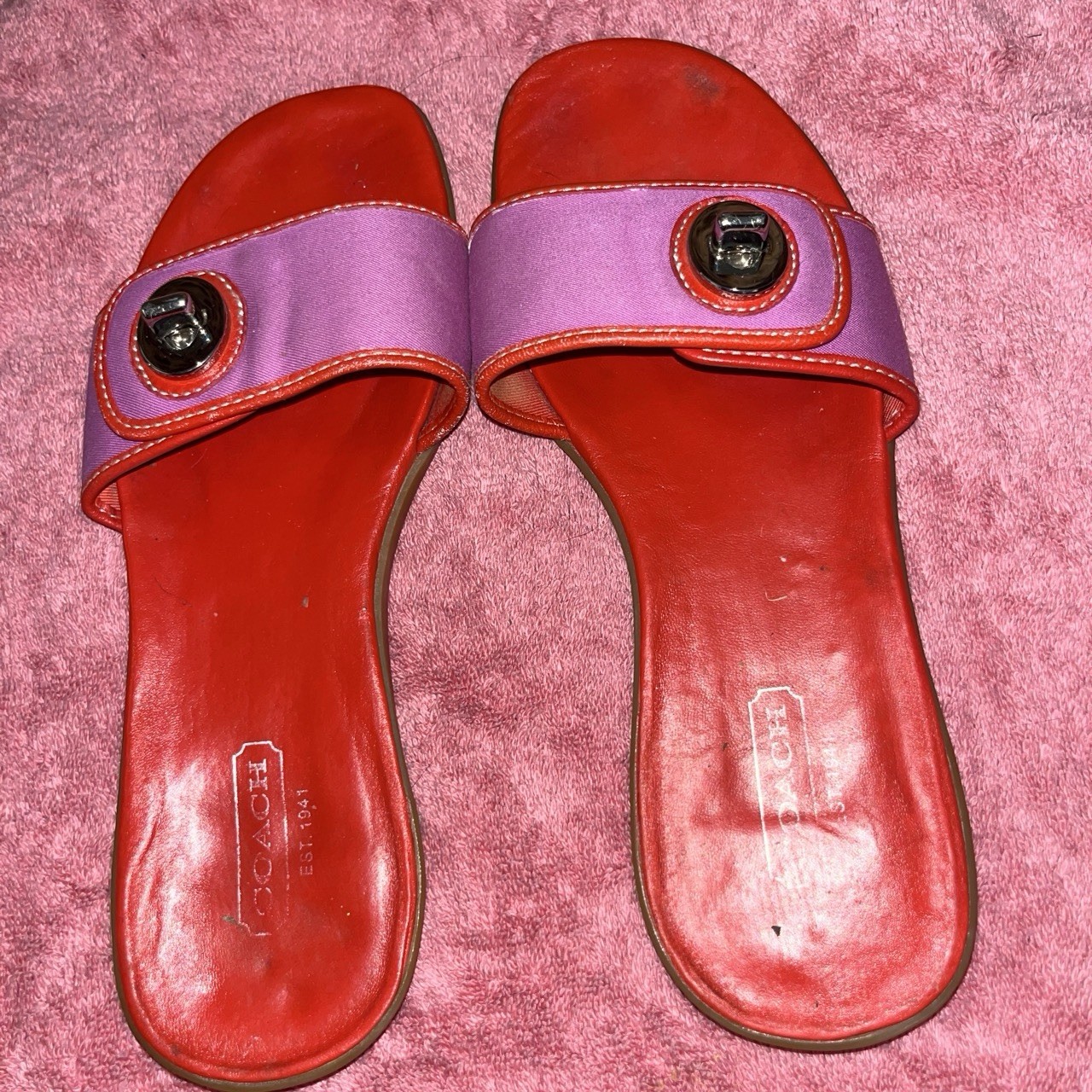 Coach Women’s Slide Sandal US 7 Red Purple Logo Accent Slip-On Synthetic