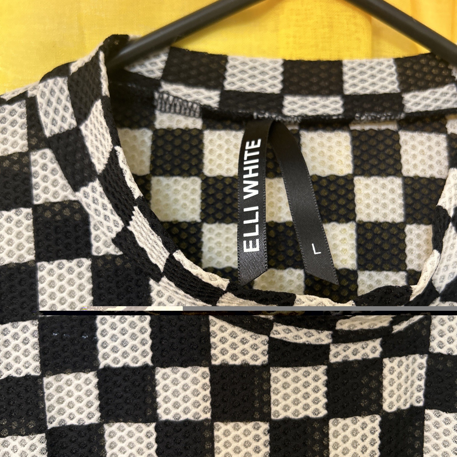 Elli White Black White Checkerboard Mesh Top Long Sleeve Large