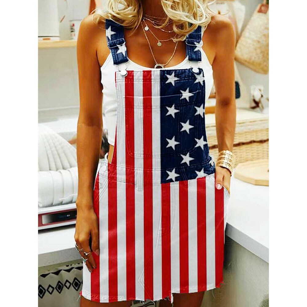 Women’s Overalls USA America Flag Print Bib Dress Jumpsuit Romper Short Skirt