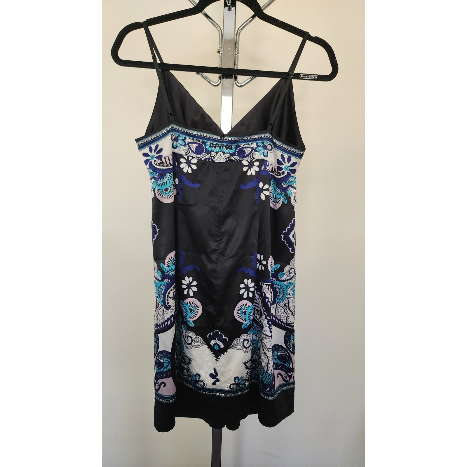ICE Petite Women Black Blue Paisley Floral Satin Mini Dress Size 8P Boho Summer