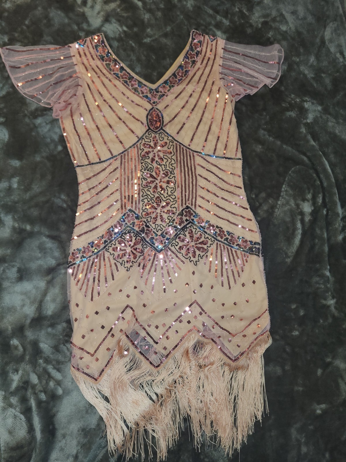 FUNDAISY XL Beige Sheath Dress V-Neck Knee Sequin Beaded Fringe 20s