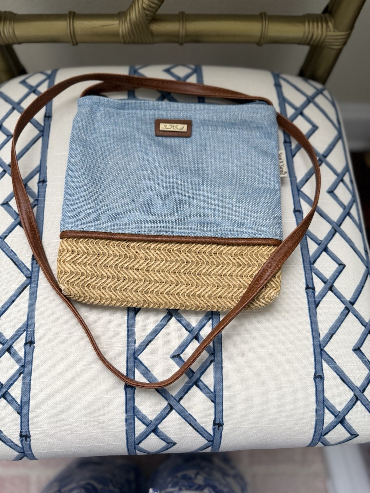 Used Good Condition, Denim Blue, And Wicker “Sun & Sand” Crossbody Bag