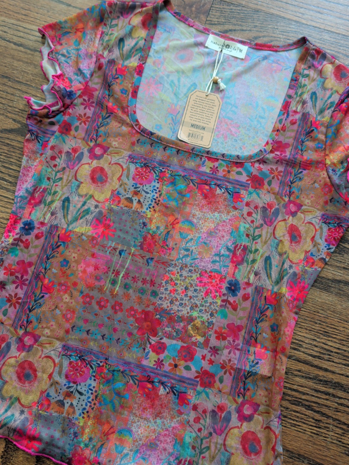 NWT Natural Life Carina Mesh Floral Colorful Sheer Short Slv Square Neck Top M