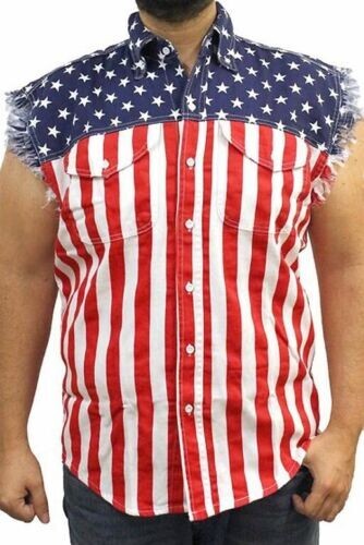 USA FLAG SLEEVELESS DENIM SHIRTS – 100% Cotton