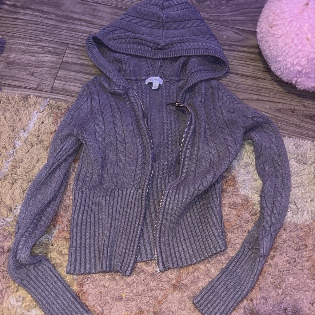 Orange Kiss Essentials Gray Cable-Knit Hooded Full Zip Cardigan Sweater S