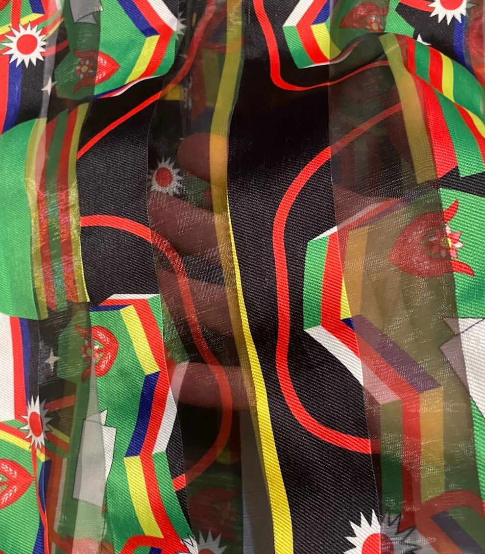 Akira Womens Collared Long Balloon Sleeve Button Front Top Colorful Sheer EUC