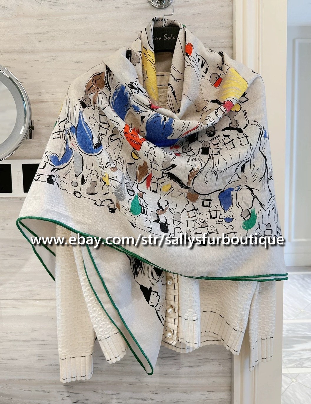 Sallys 70% Cashmere & 30% Silk Wrap Scarf Horses Print Double Face Shawl 53″