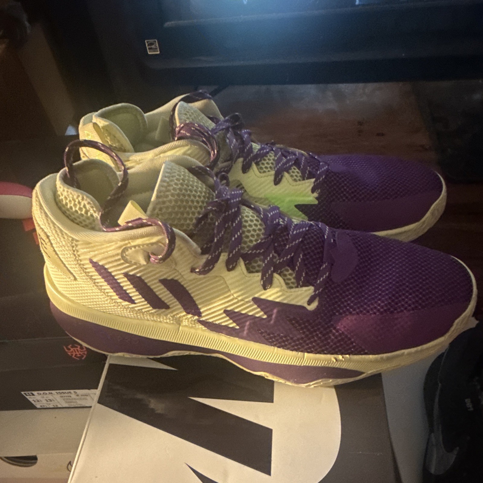adidas Dame Men’s Mid Top Lace-Up Basketball Sneaker Colorblock Purple/Yellow